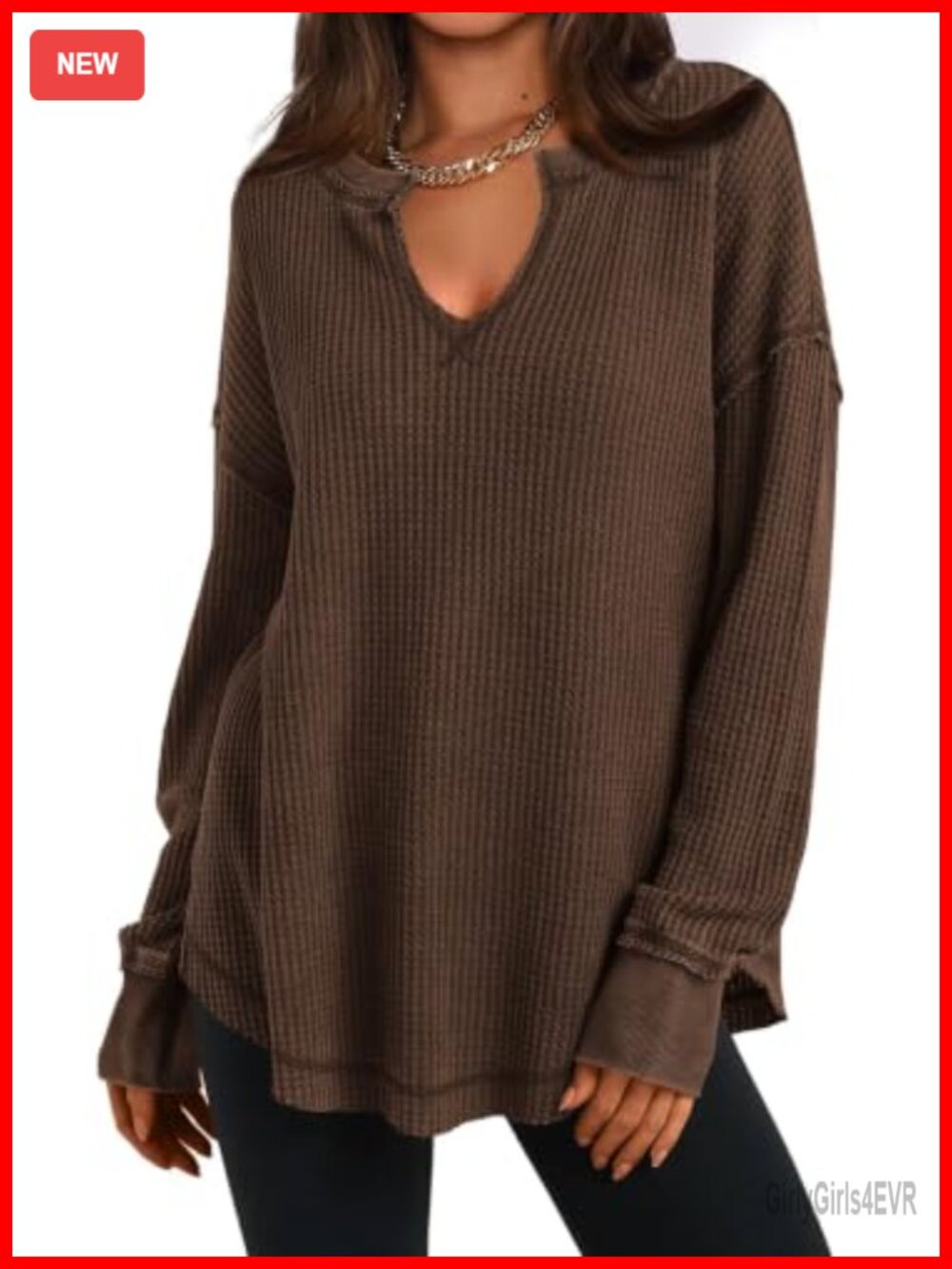 Waffle Knit Long Sleeve Tunic Top Loose Fit V Neck Pullover